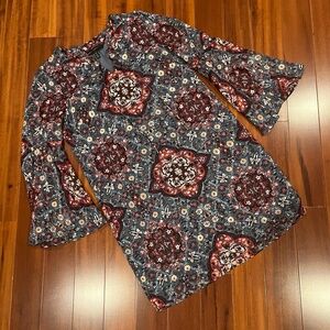 WHBM WHITE HOUSE BLACK MARKET Mini Dress Tunic Top Bell Sleeve Floral Boho Small